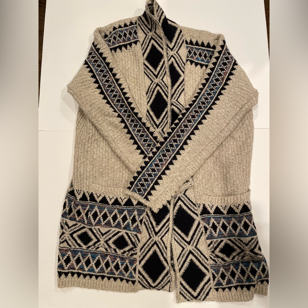 Lucky Brand Beige and Navy Geometric Cardigan